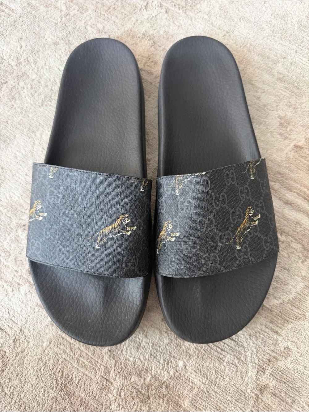 Gucci Black GG Supreme Slides with Gold Tiger Motif